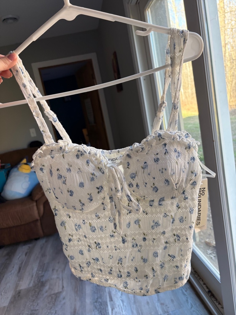 No Boundaries Blue Floral Tie-Front Smocked Cami on Cream